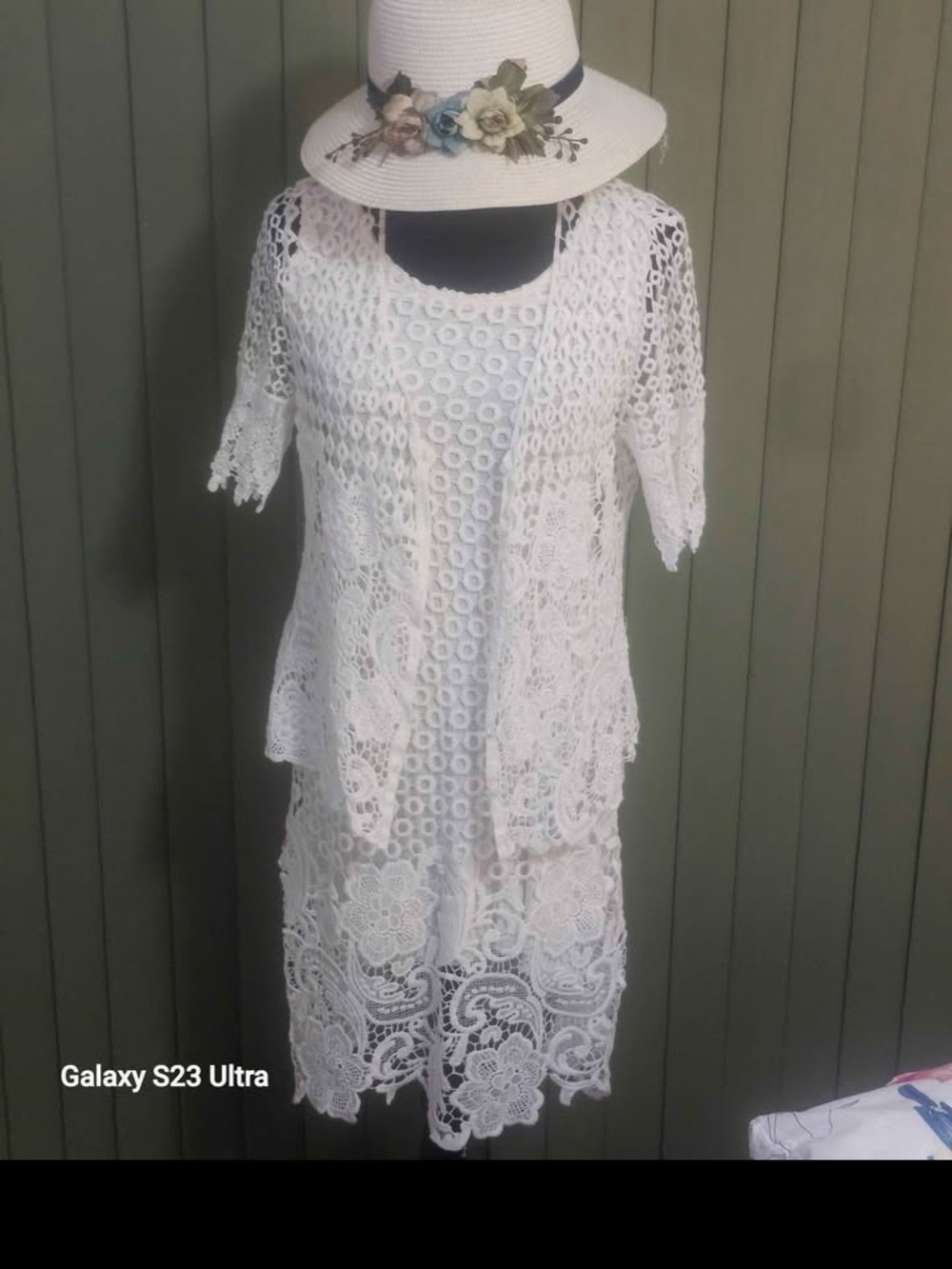 Charlie Paige Cream Crochet Overlay 2 Pieces Dress Set, Includes   Jacket